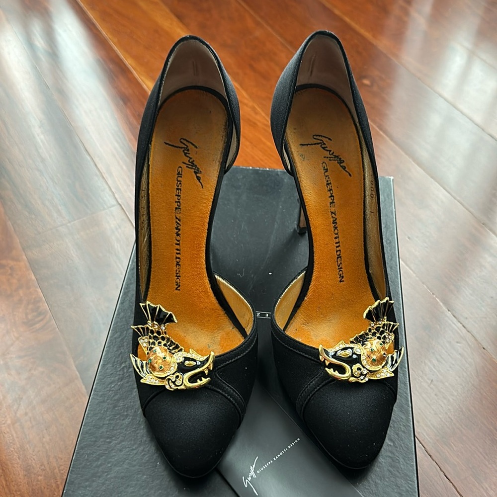 Giuseppe zanotti satin black pumps shoes crystal women evening 37 Italy runway